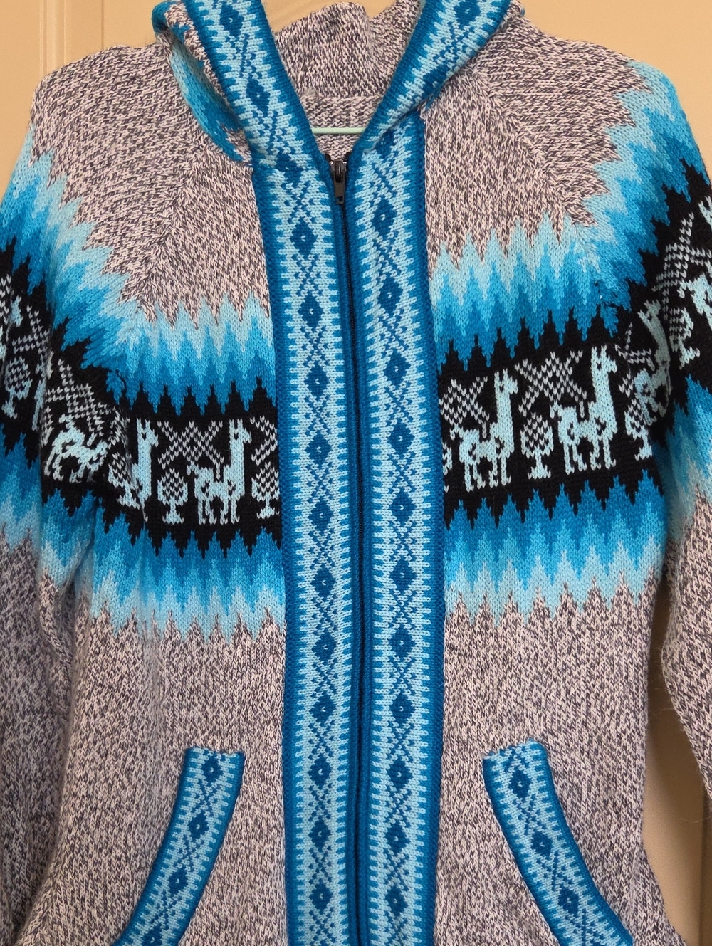 Alpaca Blue Patterned Hooded Women’s Sweater Jacket - Picture 3 of 10